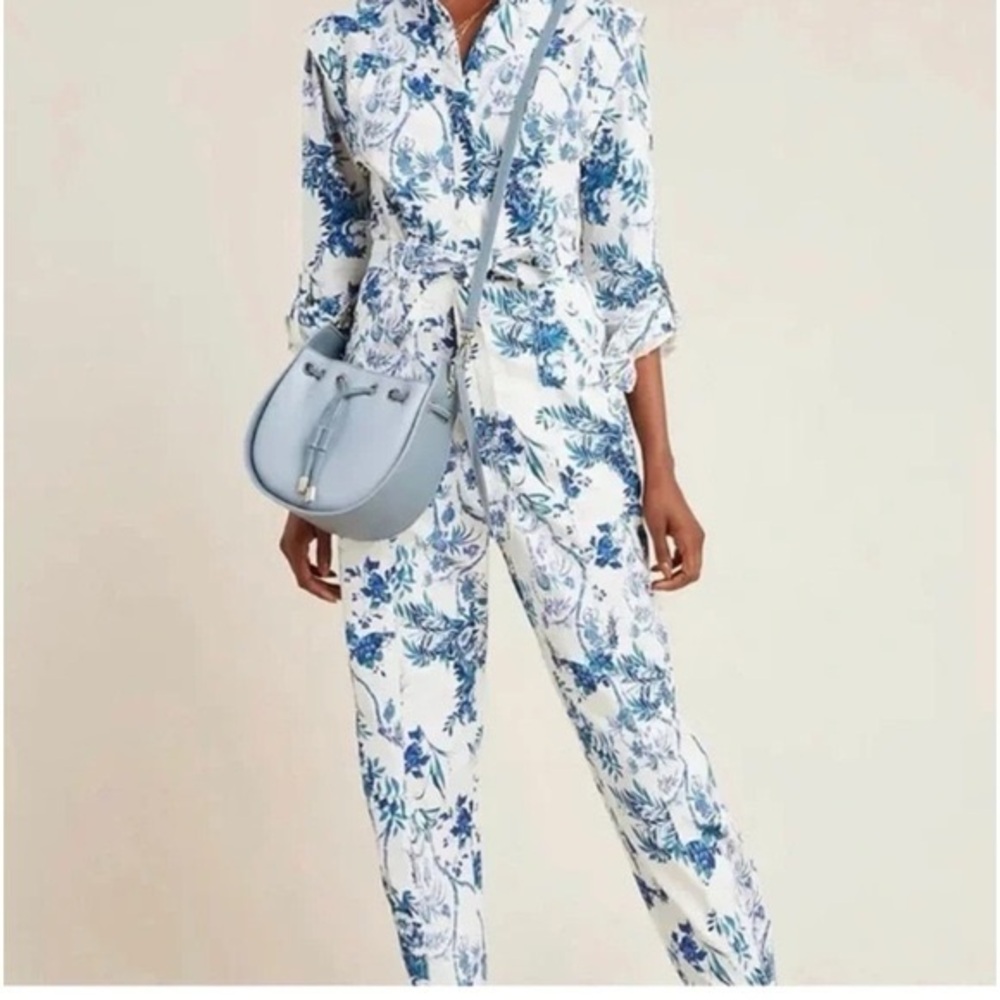 Anthropologie White and Blue Floral Wrap Jumpsuit